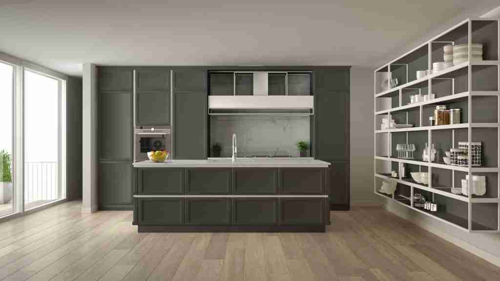 Classic gray kitchen in modern open space with parquet floor and Condo Kitchen Renovations in Toronto - 6
