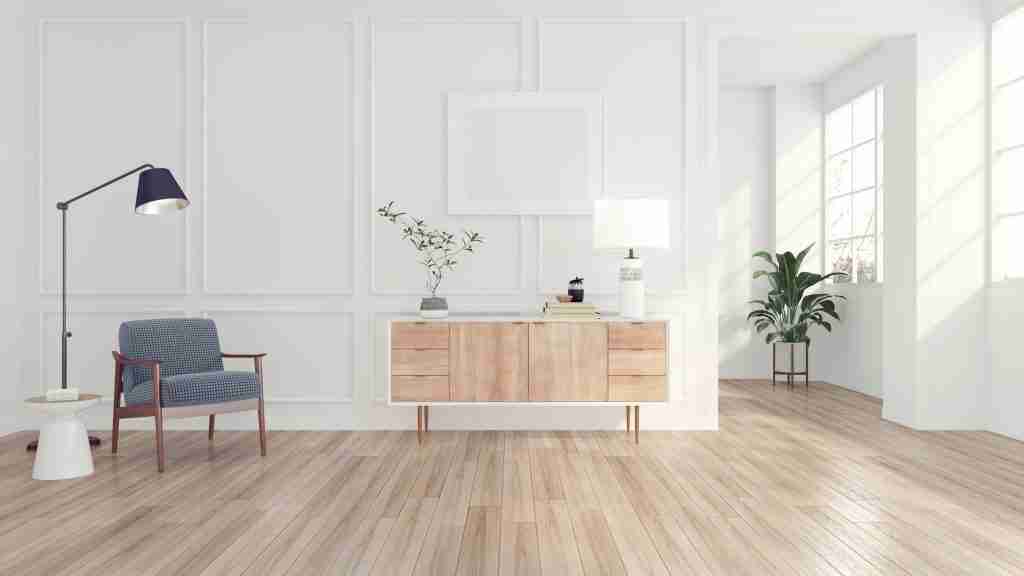 Modern minimal room with armchair and floor lamp, white sideboar Custom Condo Cabinetry Services in Toronto - 6