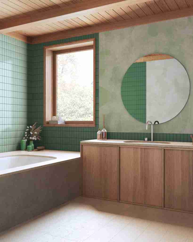 Wooden boho bathroom in green and beige tones. Marble bathtub and washbasin. Japandi farmhouse interior design Custom Condo Cabinetry Services in Toronto - 8